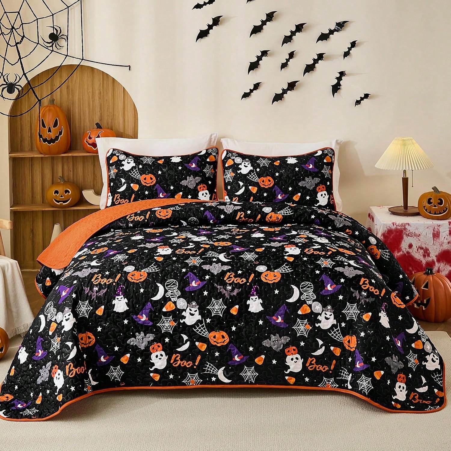 Luxudecor Halloween Quilt Set Queen Pumpkin Cartoon Bedspread Ghost Witch Hat Bat Cobweb Festival Themed Bed Cover For Autumn (Black, 96"X90")