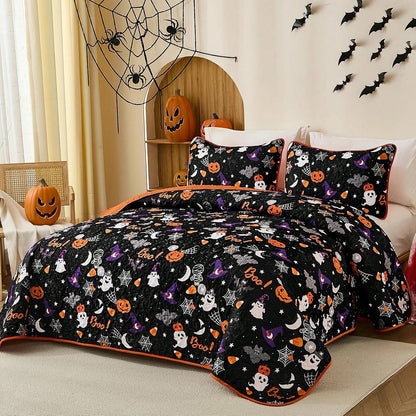 Luxudecor Halloween Quilt Set Queen Pumpkin Cartoon Bedspread Ghost Witch Hat Bat Cobweb Festival Themed Bed Cover For Autumn (Black, 96"X90")