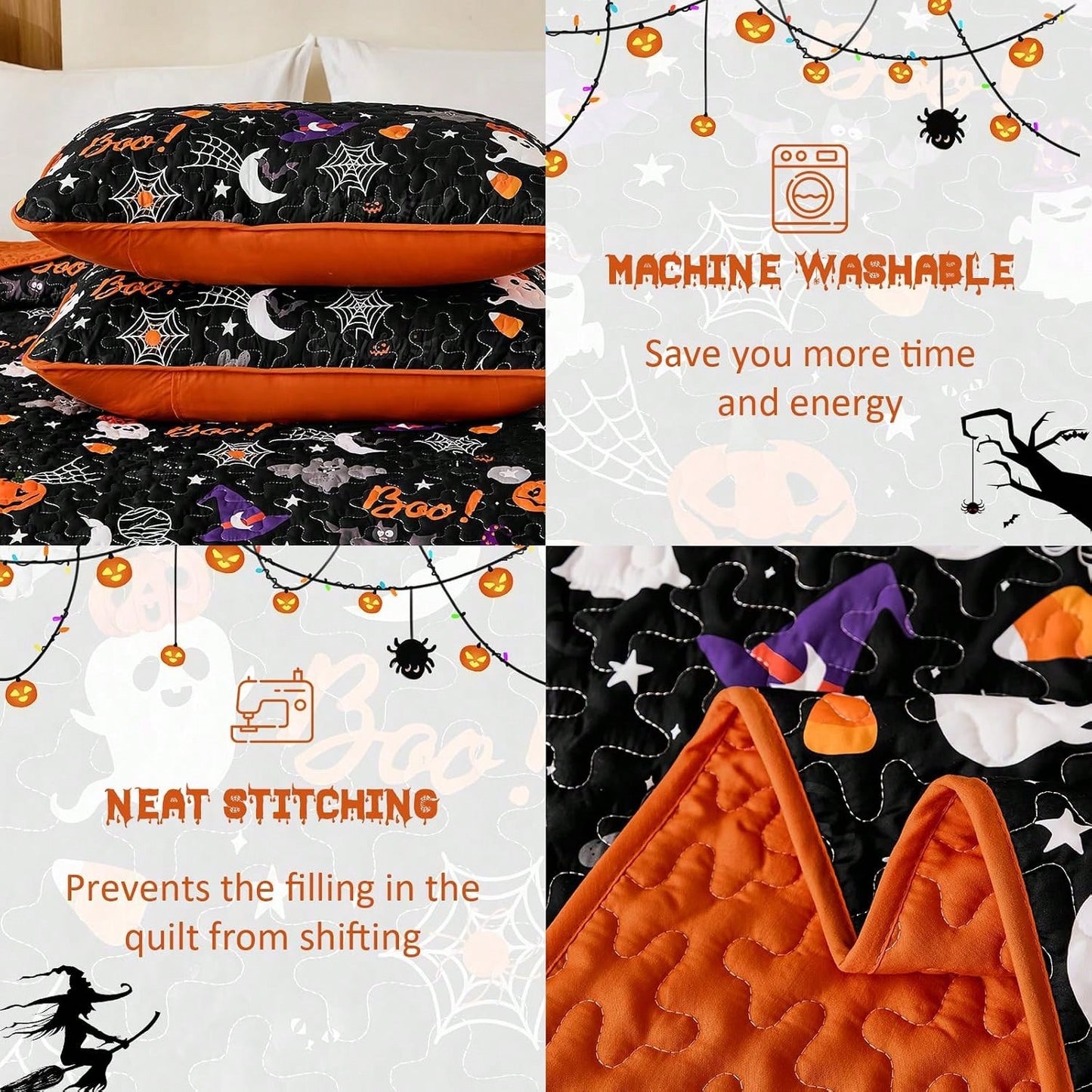 Luxudecor Halloween Quilt Set Queen Pumpkin Cartoon Bedspread Ghost Witch Hat Bat Cobweb Festival Themed Bed Cover For Autumn (Black, 96"X90")