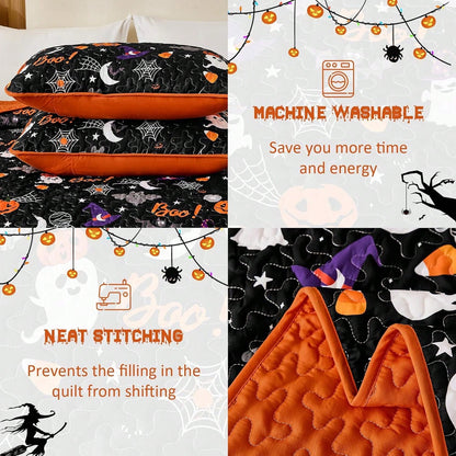 Luxudecor Halloween Quilt Set Queen Pumpkin Cartoon Bedspread Ghost Witch Hat Bat Cobweb Festival Themed Bed Cover For Autumn (Black, 96"X90")
