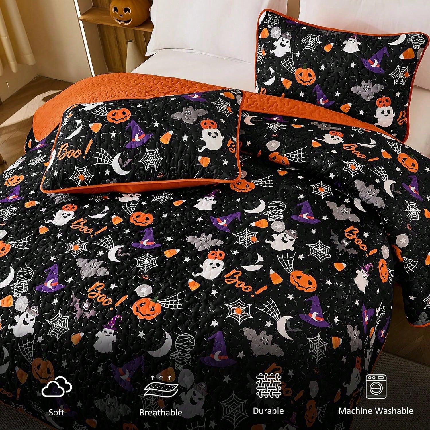 Luxudecor Halloween Quilt Set Queen Pumpkin Cartoon Bedspread Ghost Witch Hat Bat Cobweb Festival Themed Bed Cover For Autumn (Black, 96"X90")