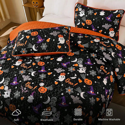 Luxudecor Halloween Quilt Set Queen Pumpkin Cartoon Bedspread Ghost Witch Hat Bat Cobweb Festival Themed Bed Cover For Autumn (Black, 96"X90")