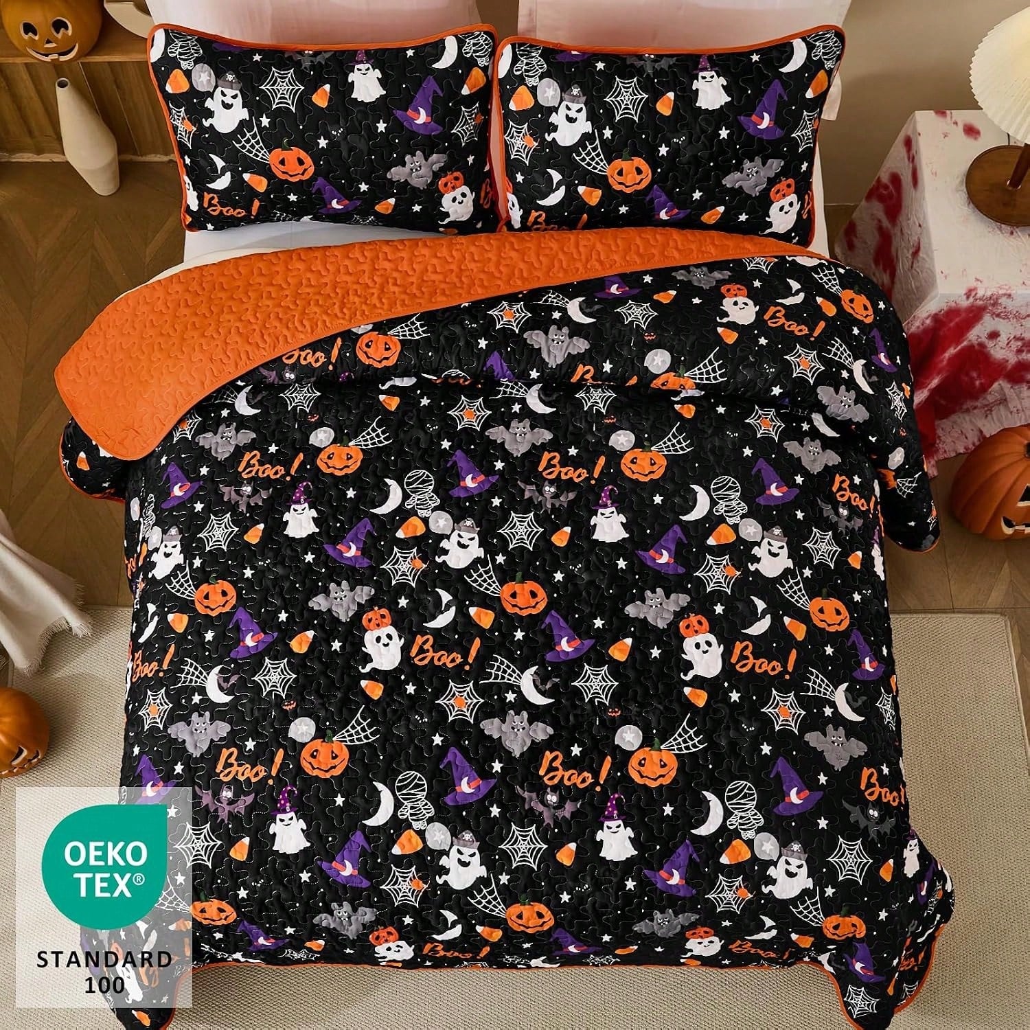 Luxudecor Halloween Quilt Set Queen Pumpkin Cartoon Bedspread Ghost Witch Hat Bat Cobweb Festival Themed Bed Cover For Autumn (Black, 96"X90")