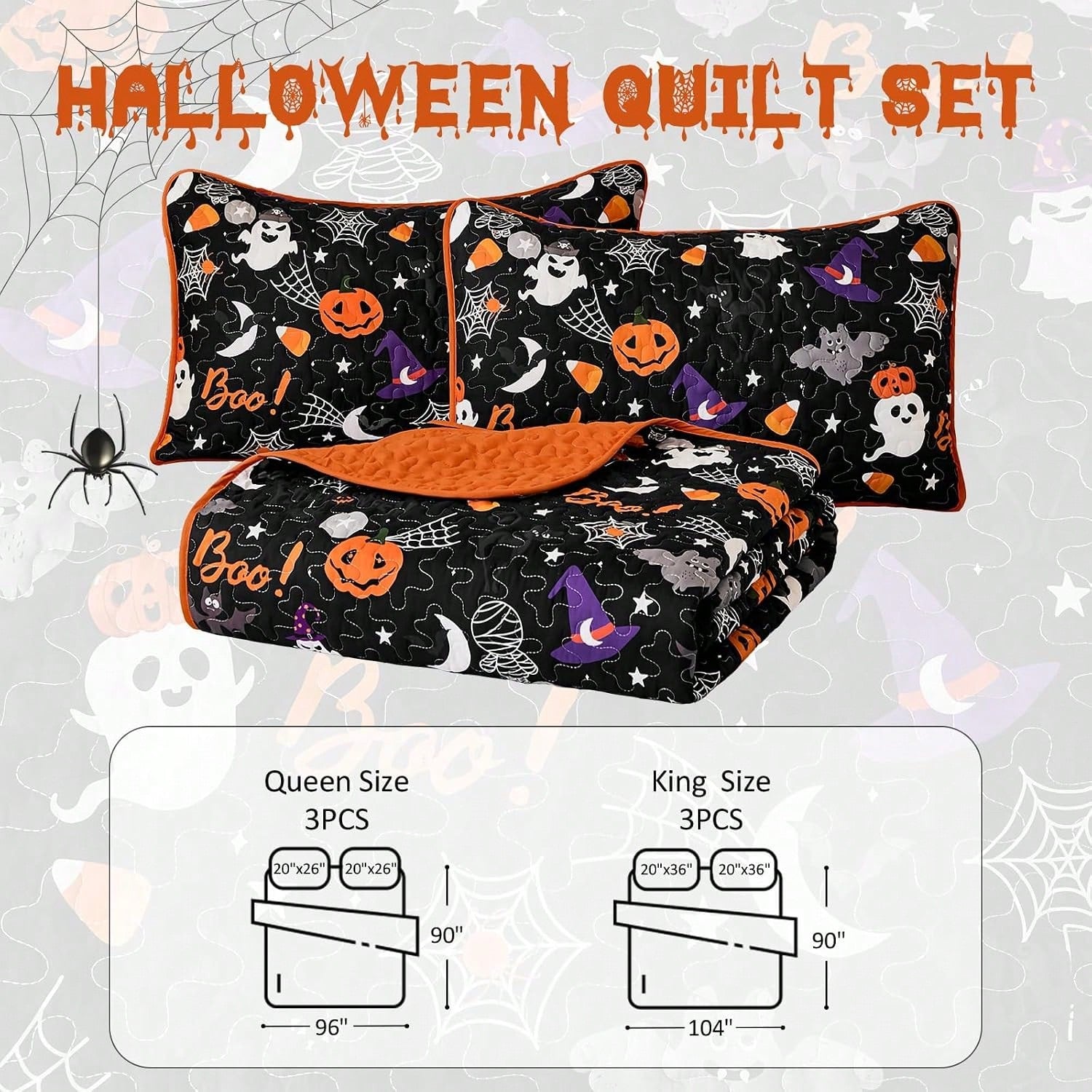Luxudecor Halloween Quilt Set Queen Pumpkin Cartoon Bedspread Ghost Witch Hat Bat Cobweb Festival Themed Bed Cover For Autumn (Black, 96"X90")