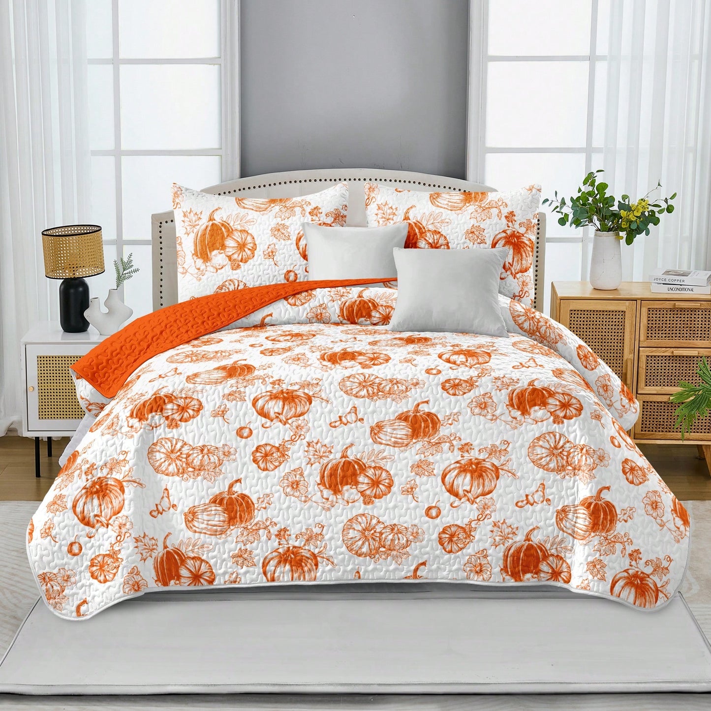 Luxudecor Halloween Quilt Set Queen Pumpkin Cartoon Bedspread Ghost Witch Hat Bat Cobweb Festival Themed Bed Cover For Autumn (Black, 96"X90")