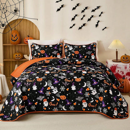 Luxudecor Halloween Quilt Set Queen Pumpkin Cartoon Bedspread Ghost Witch Hat Bat Cobweb Festival Themed Bed Cover For Autumn (Black, 96"X90")