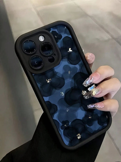 Luxury Blue Flower Elements Gold Foil Accents Fashion Phone Case 1pc Navy Blue Floral Creative Pattern Matte Finish Premium Case Compatible With Iphone 16/15/14/13/12/11/XS/XR/X/7/8 Plus/Pro Max Water