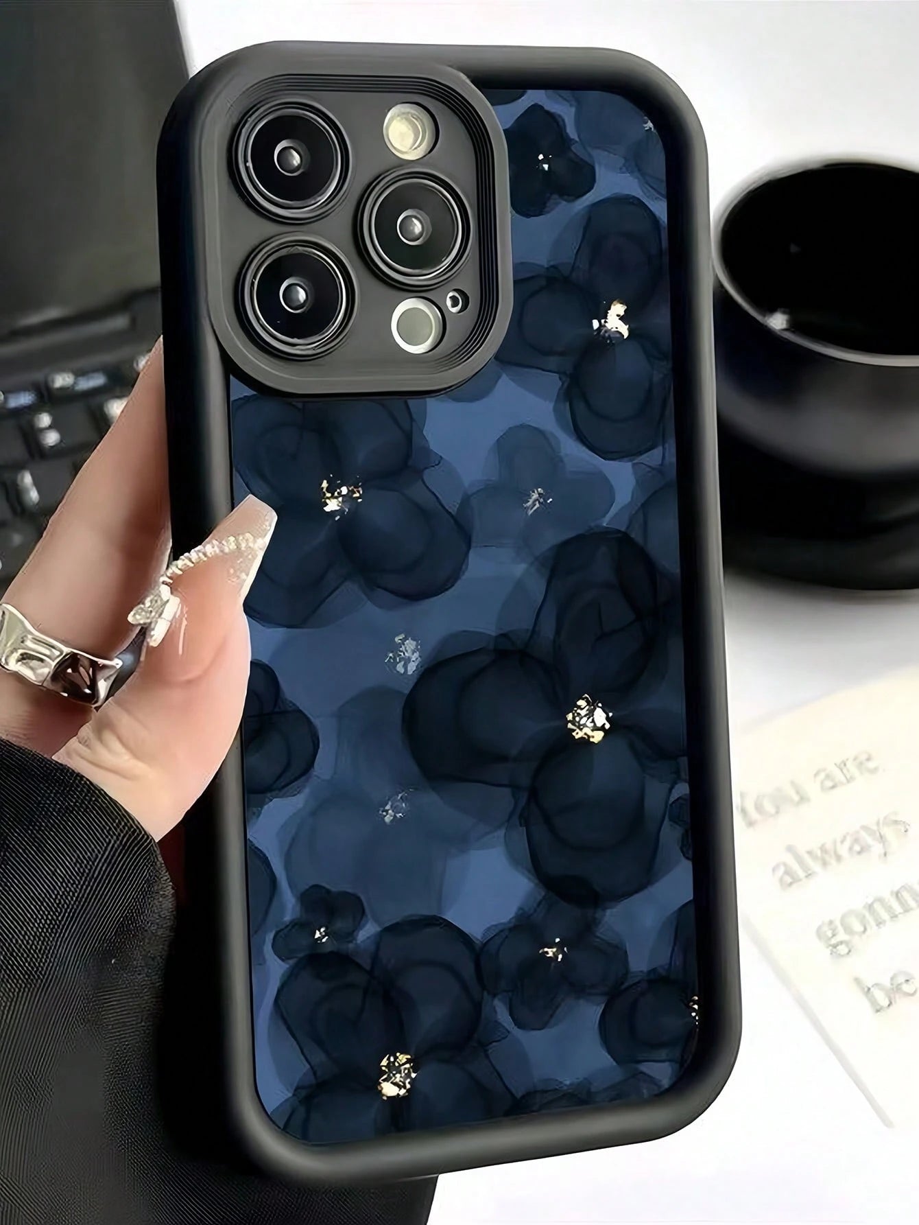 Luxury Blue Flower Elements Gold Foil Accents Fashion Phone Case 1pc Navy Blue Floral Creative Pattern Matte Finish Premium Case Compatible With Iphone 16/15/14/13/12/11/XS/XR/X/7/8 Plus/Pro Max Water