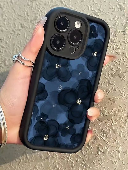 Luxury Blue Flower Elements Gold Foil Accents Fashion Phone Case 1pc Navy Blue Floral Creative Pattern Matte Finish Premium Case Compatible With Iphone 16/15/14/13/12/11/XS/XR/X/7/8 Plus/Pro Max Water