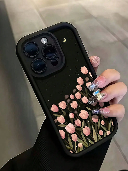 Luxury Pink Black Floral Pattern Fashion Phone Cases Pink Black Floral Flower Pattern Fashion Phone Cases 1pc New Creative Moon Tulip Pattern Phone Premium Case Compatible With IPhone 16 Pro Max, 11/1