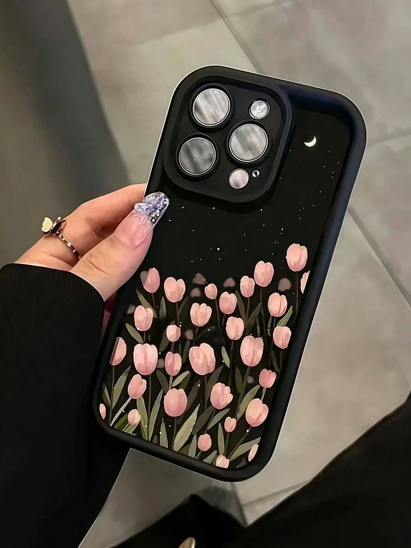 Luxury Pink Black Floral Pattern Fashion Phone Cases Pink Black Floral Flower Pattern Fashion Phone Cases 1pc New Creative Moon Tulip Pattern Phone Premium Case Compatible With IPhone 16 Pro Max, 11/1