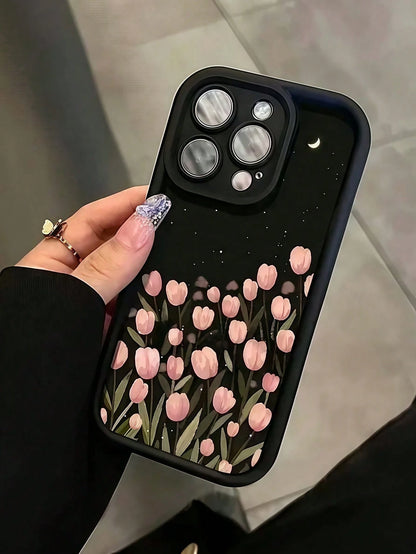 Luxury Pink Black Floral Pattern Fashion Phone Cases Pink Black Floral Flower Pattern Fashion Phone Cases 1pc New Creative Moon Tulip Pattern Phone Premium Case Compatible With IPhone 16 Pro Max, 11/1
