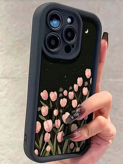 Luxury Pink Black Floral Pattern Fashion Phone Cases Pink Black Floral Flower Pattern Fashion Phone Cases 1pc New Creative Moon Tulip Pattern Phone Premium Case Compatible With IPhone 16 Pro Max, 11/1