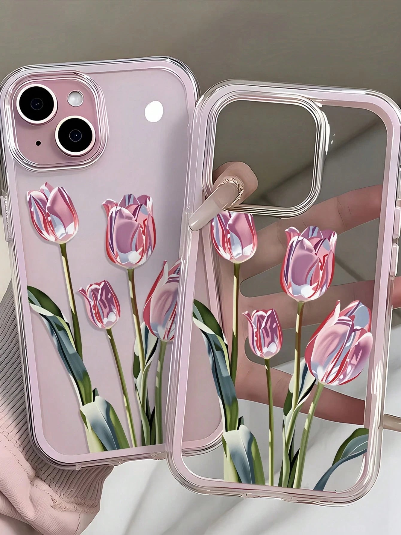 Luxury Pink Black Floral Pattern Fashion Phone Cases Pink Black Floral Flower Pattern Fashion Phone Cases 1pc New Creative Moon Tulip Pattern Phone Premium Case Compatible With IPhone 16 Pro Max, 11/1