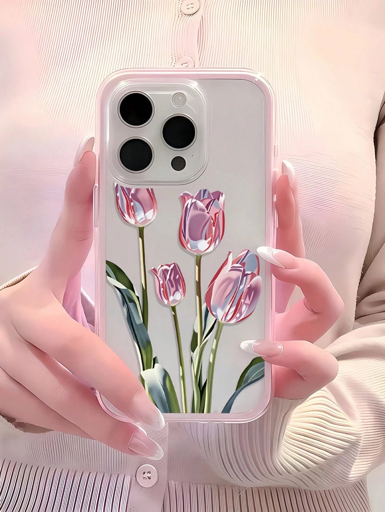 Luxury Pink Black Floral Pattern Fashion Phone Cases Pink Black Floral Flower Pattern Fashion Phone Cases 1pc New Creative Moon Tulip Pattern Phone Premium Case Compatible With IPhone 16 Pro Max, 11/1