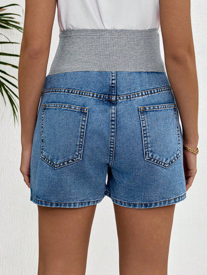 Lyckli Maternity Color Block High Waist Denim Shorts,Summer, Mother's Day,4th Of July,Graduation,Brunch