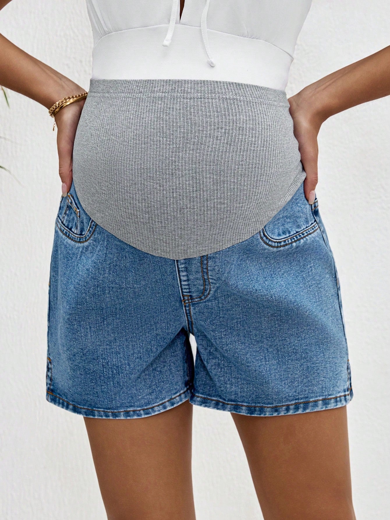 Lyckli Maternity Color Block High Waist Denim Shorts,Summer, Mother's Day,4th Of July,Graduation,Brunch