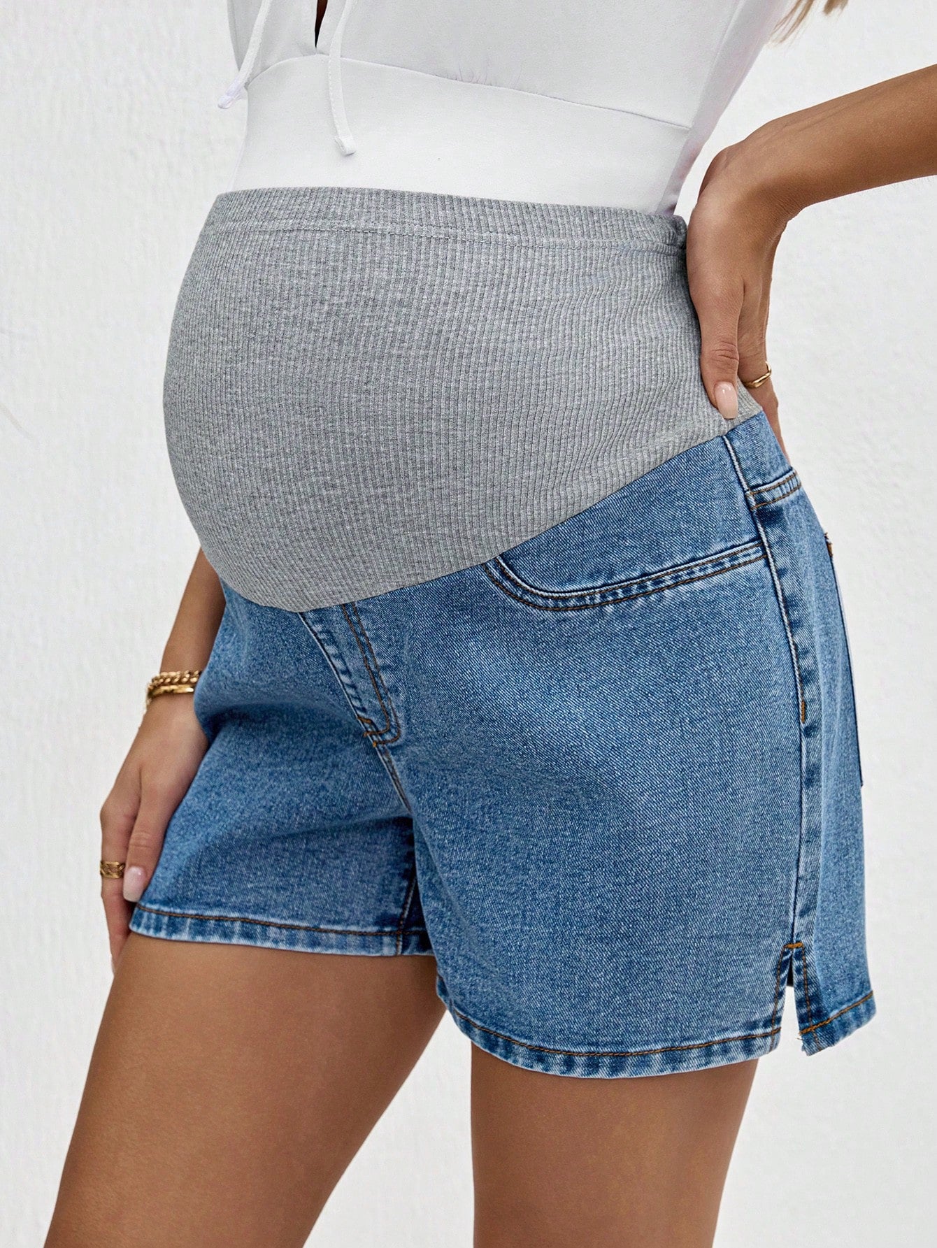 Lyckli Maternity Color Block High Waist Denim Shorts,Summer, Mother's Day,4th Of July,Graduation,Brunch
