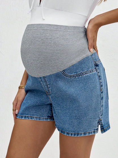 Lyckli Maternity Color Block High Waist Denim Shorts,Summer, Mother's Day,4th Of July,Graduation,Brunch