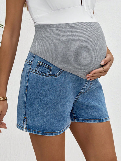 Lyckli Maternity Color Block High Waist Denim Shorts,Summer, Mother's Day,4th Of July,Graduation,Brunch