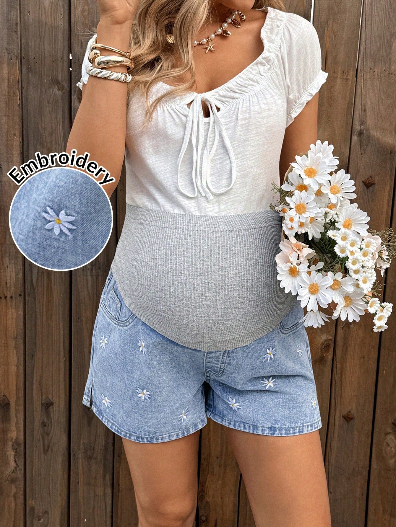 Lyckli Maternity Color Block High Waist Denim Shorts,Summer, Mother's Day,4th Of July,Graduation,Brunch