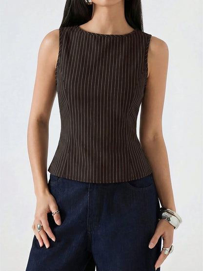 LYSMO 2026 New Minimalist Brown Striped Round Neck Fitted Casual Tank Top, Suitable For Work Business Casual Office Wear, Fashionable Women's Shirt, Summer