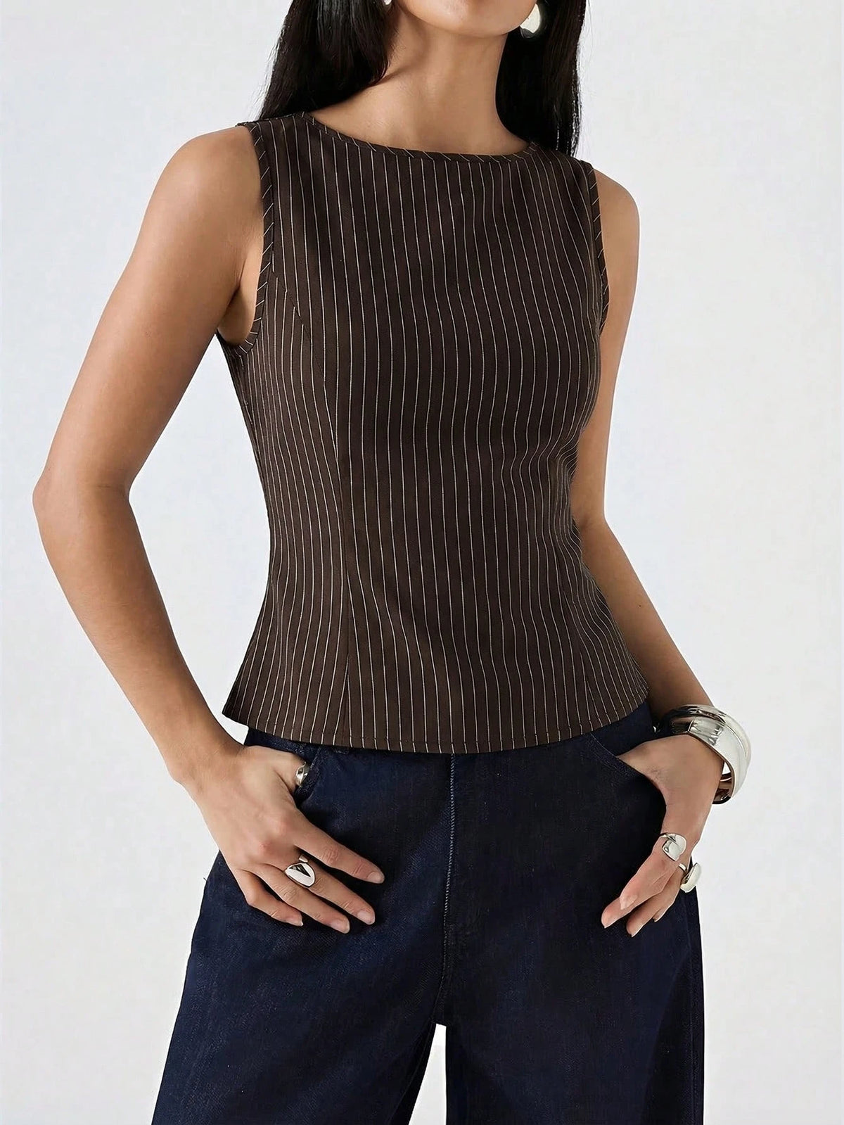 LYSMO 2026 New Minimalist Brown Striped Round Neck Fitted Casual Tank Top, Suitable For Work Business Casual Office Wear, Fashionable Women's Shirt, Summer