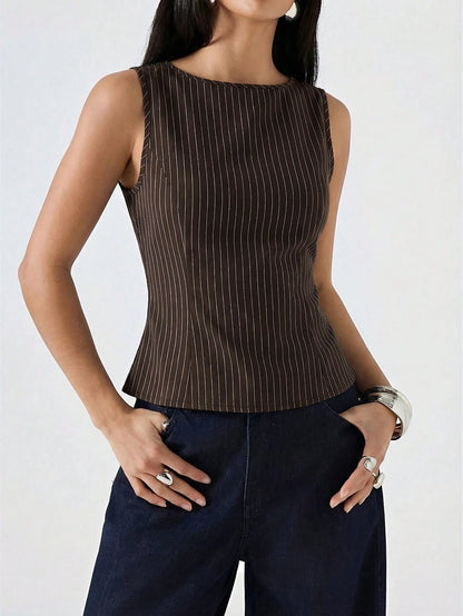 LYSMO 2026 New Minimalist Brown Striped Round Neck Fitted Casual Tank Top, Suitable For Work Business Casual Office Wear, Fashionable Women's Shirt, Summer