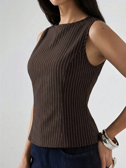 LYSMO 2026 New Minimalist Brown Striped Round Neck Fitted Casual Tank Top, Suitable For Work Business Casual Office Wear, Fashionable Women's Shirt, Summer