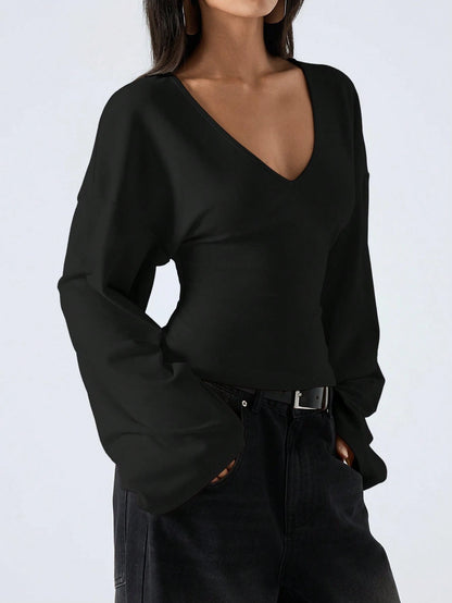 LYSMO V-Neck Flare Sleeve Cropped Long Women T-Shirt Top Black Blouses Tops With Sleeves Shirt