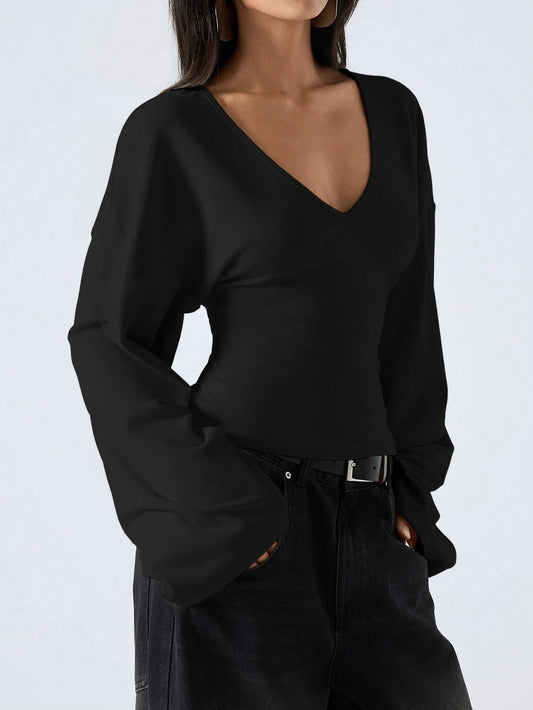 LYSMO V-Neck Flare Sleeve Cropped Long Women T-Shirt Top Black Blouses Tops With Sleeves Shirt