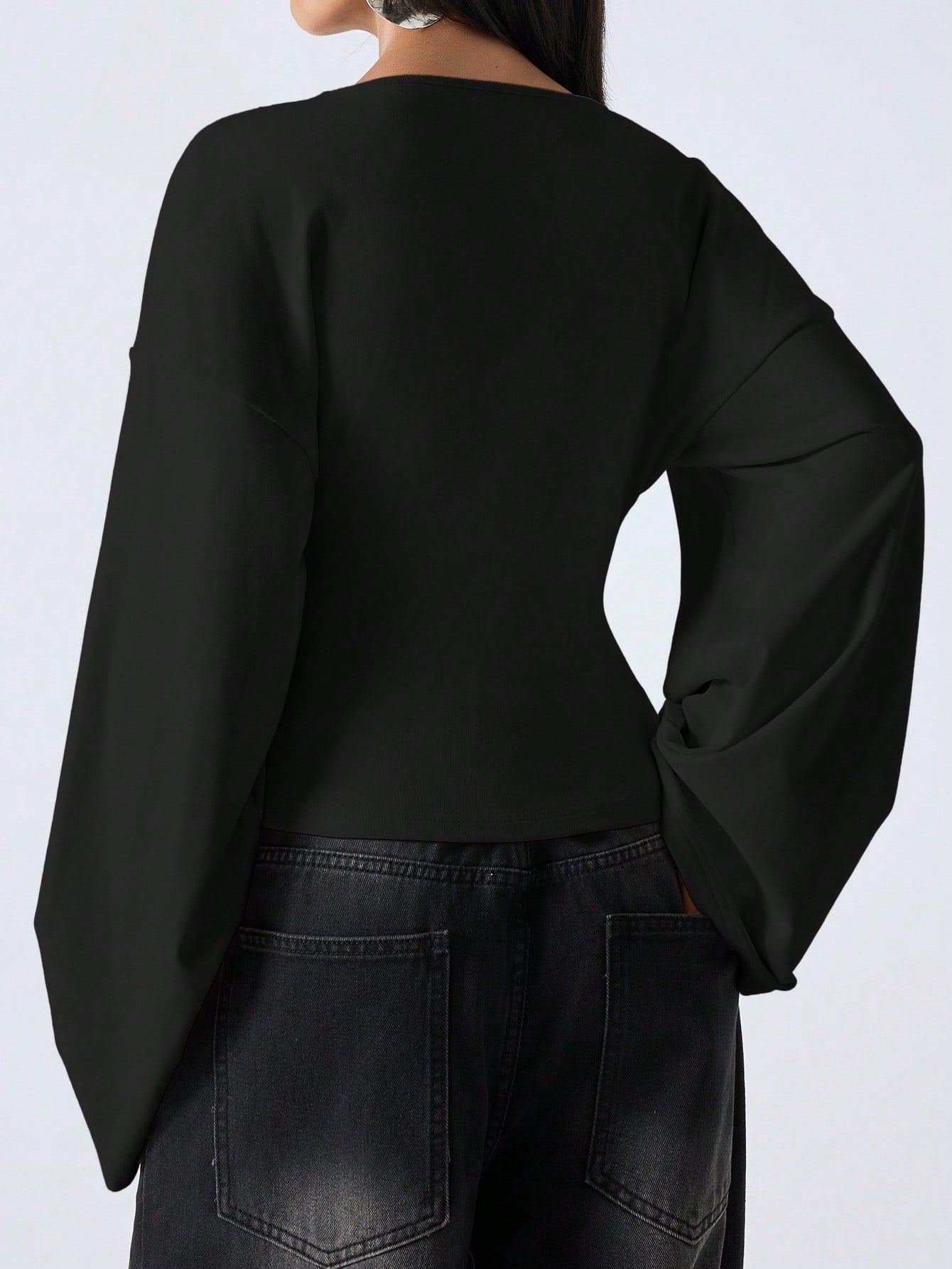 LYSMO V-Neck Flare Sleeve Cropped Long Women T-Shirt Top Black Blouses Tops With Sleeves Shirt