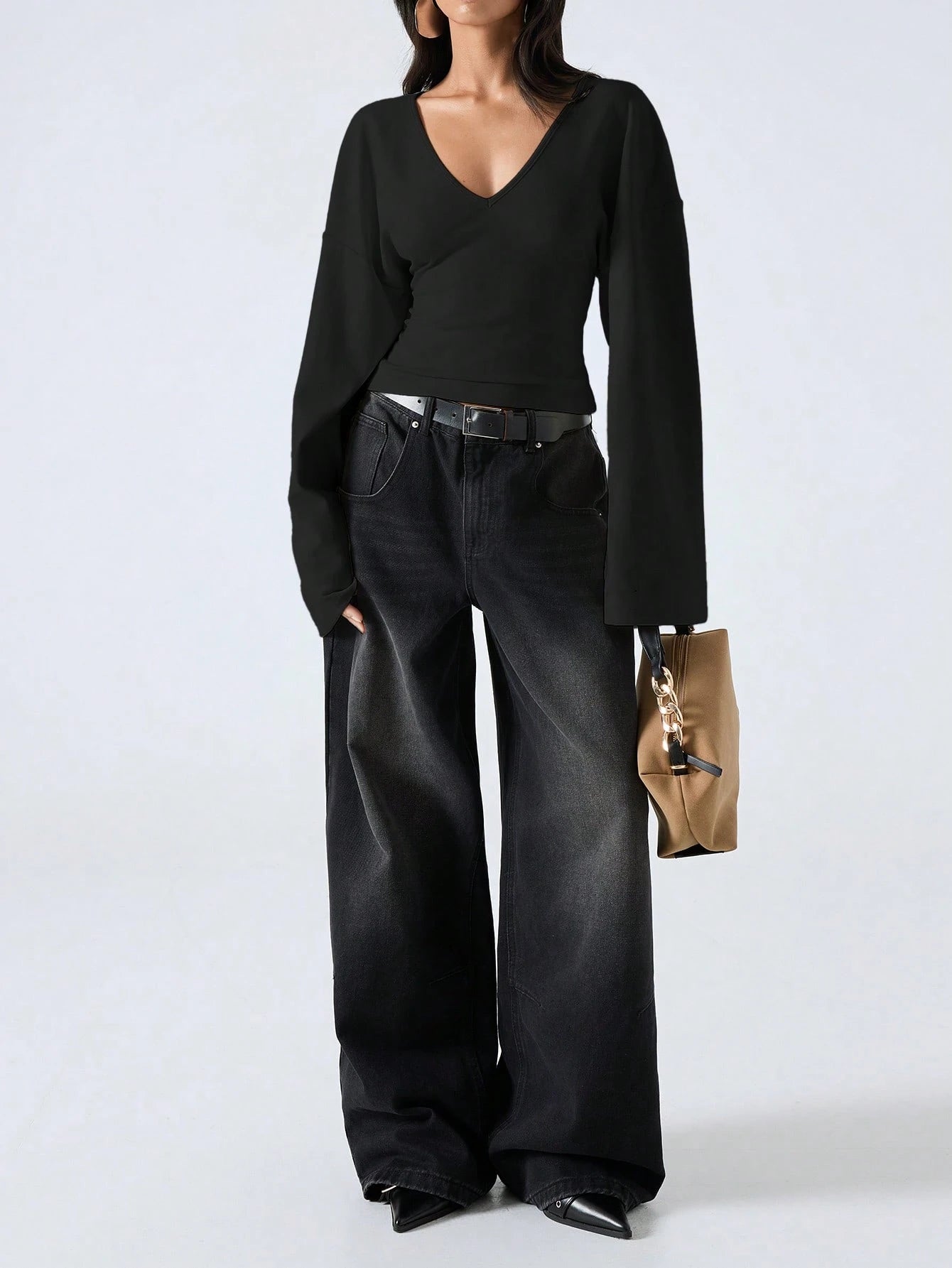 LYSMO V-Neck Flare Sleeve Cropped Long Women T-Shirt Top Black Blouses Tops With Sleeves Shirt