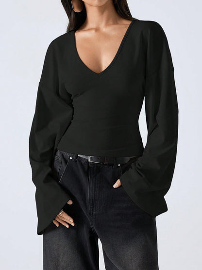 LYSMO V-Neck Flare Sleeve Cropped Long Women T-Shirt Top Black Blouses Tops With Sleeves Shirt