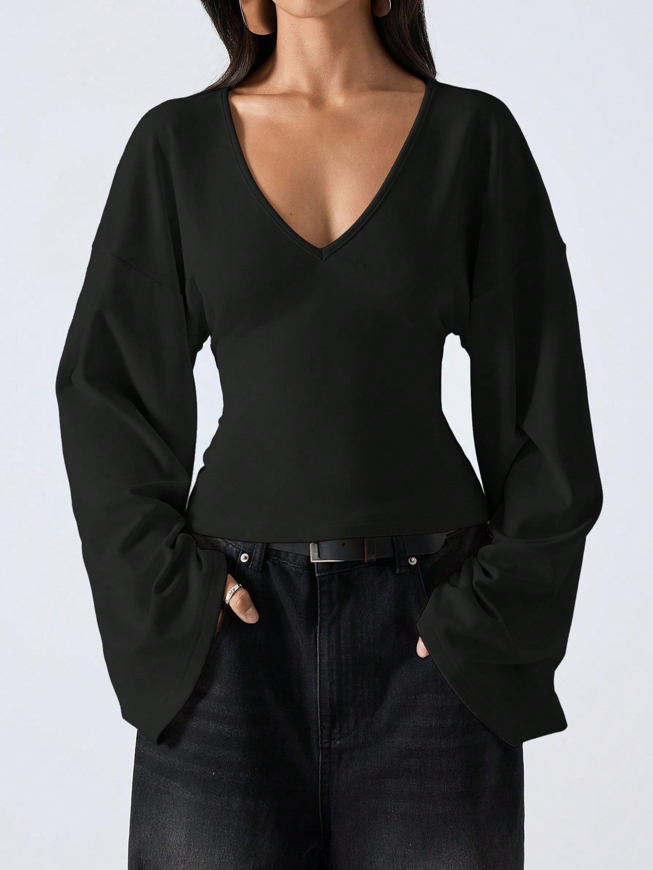 LYSMO V-Neck Flare Sleeve Cropped Long Women T-Shirt Top Black Blouses Tops With Sleeves Shirt