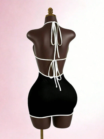 Lyxana Women's Color Block Halter Tie Front Mini Dress, Fashionable For Dates And Outings