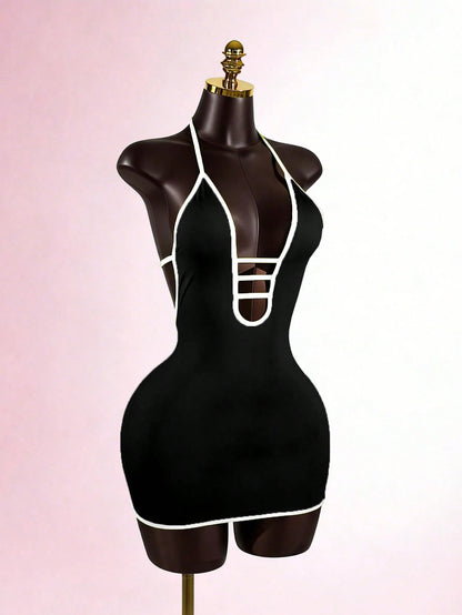 Lyxana Women's Color Block Halter Tie Front Mini Dress, Fashionable For Dates And Outings