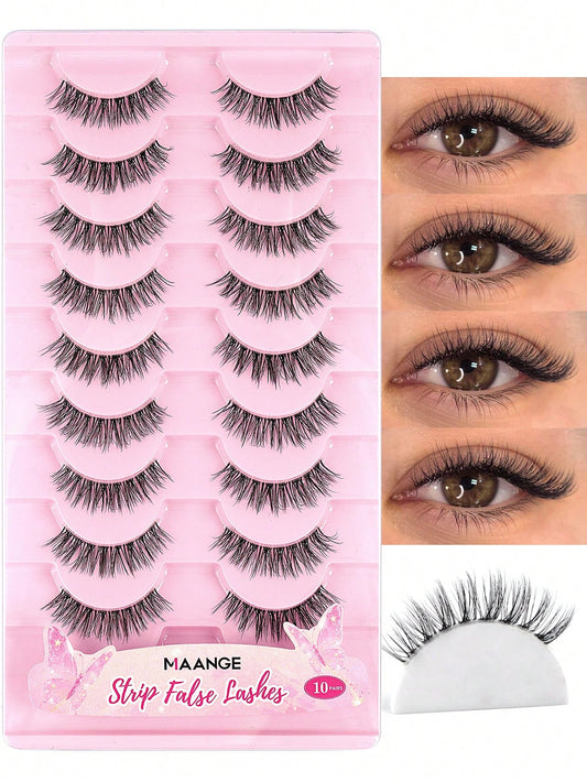 MAANGE 10 Pairs Natural Curly Thin Full Eye False Eyelashes, Transparent Stem, Natural Eyelashes, Cat Eye Style Extended Tail Eyelashes, Suitable For Daily Wear, Suitable For Parties And Festivals, St