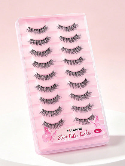 MAANGE 10 Pairs Natural Curly Thin Full Eye False Eyelashes, Transparent Stem, Natural Eyelashes, Cat Eye Style Extended Tail Eyelashes, Suitable For Daily Wear, Suitable For Parties And Festivals, St