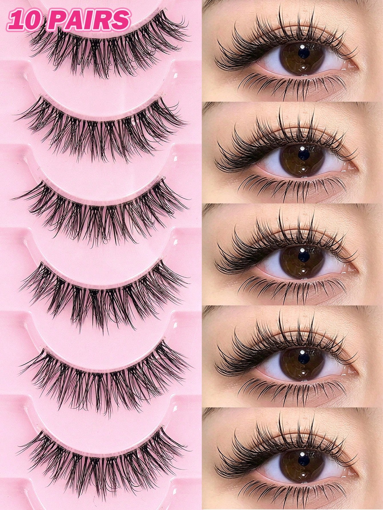 MAANGE 10 Pairs Natural Curly Thin Full Eye False Eyelashes, Transparent Stem, Natural Eyelashes, Cat Eye Style Extended Tail Eyelashes, Suitable For Daily Wear, Suitable For Parties And Festivals, St