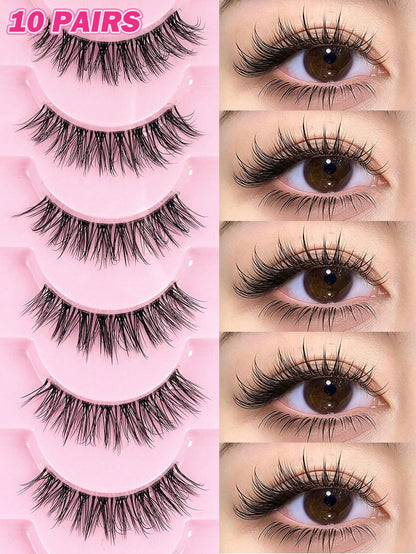 MAANGE 10 Pairs Natural Curly Thin Full Eye False Eyelashes, Transparent Stem, Natural Eyelashes, Cat Eye Style Extended Tail Eyelashes, Suitable For Daily Wear, Suitable For Parties And Festivals, St