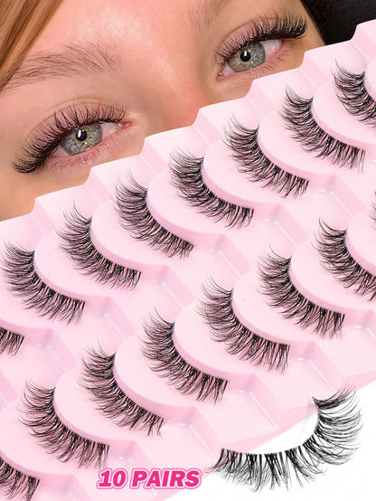 MAANGE 10 Pairs Natural Curly Thin Full Eye False Eyelashes, Transparent Stem, Natural Eyelashes, Cat Eye Style Extended Tail Eyelashes, Suitable For Daily Wear, Suitable For Parties And Festivals, St