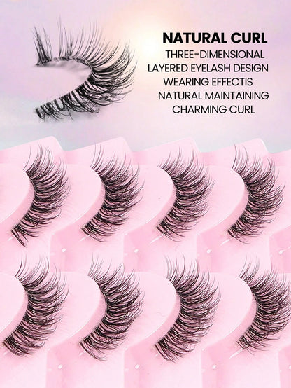 MAANGE 10 Pairs Natural Curly Thin Full Eye False Eyelashes, Transparent Stem, Natural Eyelashes, Cat Eye Style Extended Tail Eyelashes, Suitable For Daily Wear, Suitable For Parties And Festivals, St