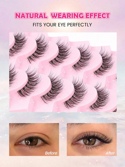 MAANGE 10 Pairs Natural Curly Thin Full Eye False Eyelashes, Transparent Stem, Natural Eyelashes, Cat Eye Style Extended Tail Eyelashes, Suitable For Daily Wear, Suitable For Parties And Festivals, St