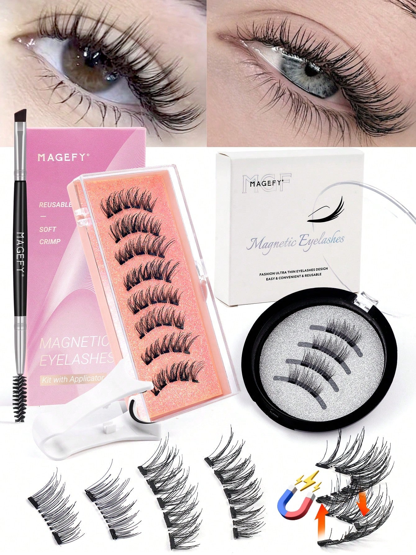 MAANGE 3/1 Pair Natural Short Magnetic Eyelashes Set (Includes Brow Brush + Applicator), Cat Eye False Eyelashes, Portable, Natural & Realistic, Reusable, No Glue Or Makeup Remover Needed, Creates Nat