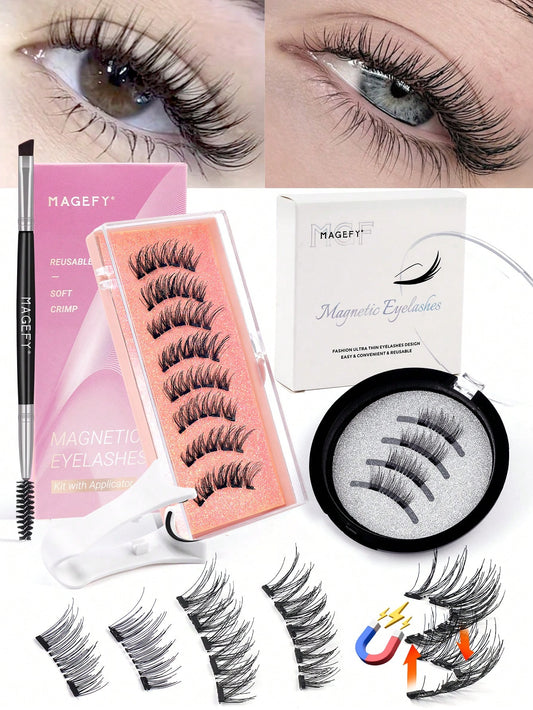 MAANGE 3/1 Pair Natural Short Magnetic Eyelashes Set (Includes Brow Brush + Applicator), Cat Eye False Eyelashes, Portable, Natural & Realistic, Reusable, No Glue Or Makeup Remover Needed, Creates Nat