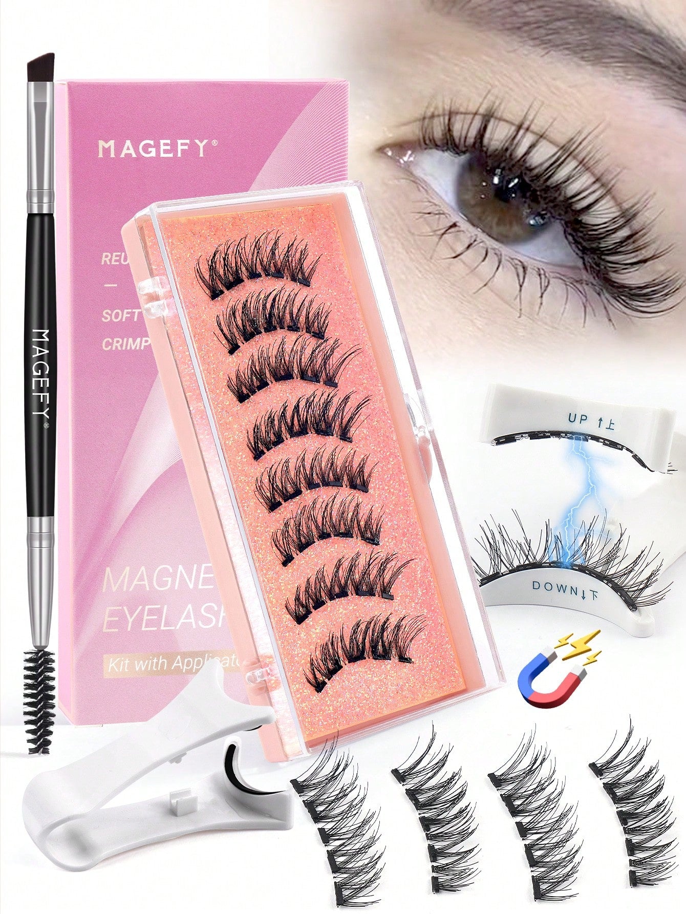 MAANGE 3/1 Pair Natural Short Magnetic Eyelashes Set (Includes Brow Brush + Applicator), Cat Eye False Eyelashes, Portable, Natural & Realistic, Reusable, No Glue Or Makeup Remover Needed, Creates Nat