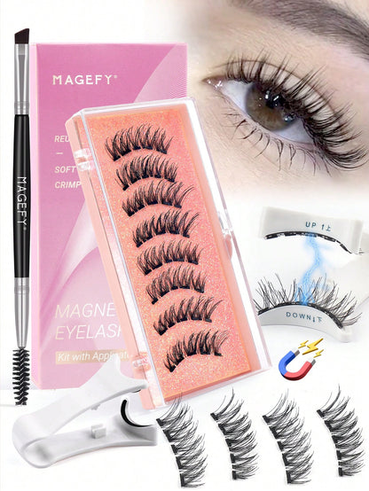 MAANGE 3/1 Pair Natural Short Magnetic Eyelashes Set (Includes Brow Brush + Applicator), Cat Eye False Eyelashes, Portable, Natural & Realistic, Reusable, No Glue Or Makeup Remover Needed, Creates Nat