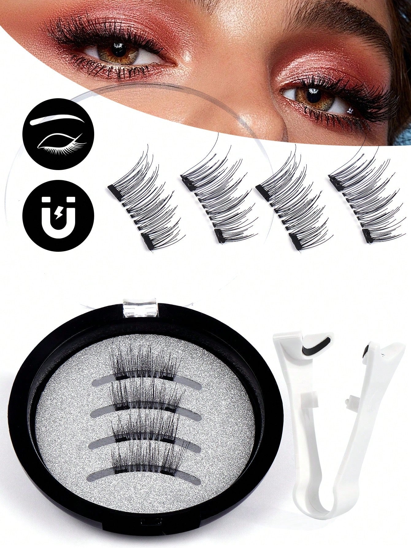 MAANGE 3/1 Pair Natural Short Magnetic Eyelashes Set (Includes Brow Brush + Applicator), Cat Eye False Eyelashes, Portable, Natural & Realistic, Reusable, No Glue Or Makeup Remover Needed, Creates Nat