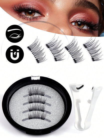 MAANGE 3/1 Pair Natural Short Magnetic Eyelashes Set (Includes Brow Brush + Applicator), Cat Eye False Eyelashes, Portable, Natural & Realistic, Reusable, No Glue Or Makeup Remover Needed, Creates Nat